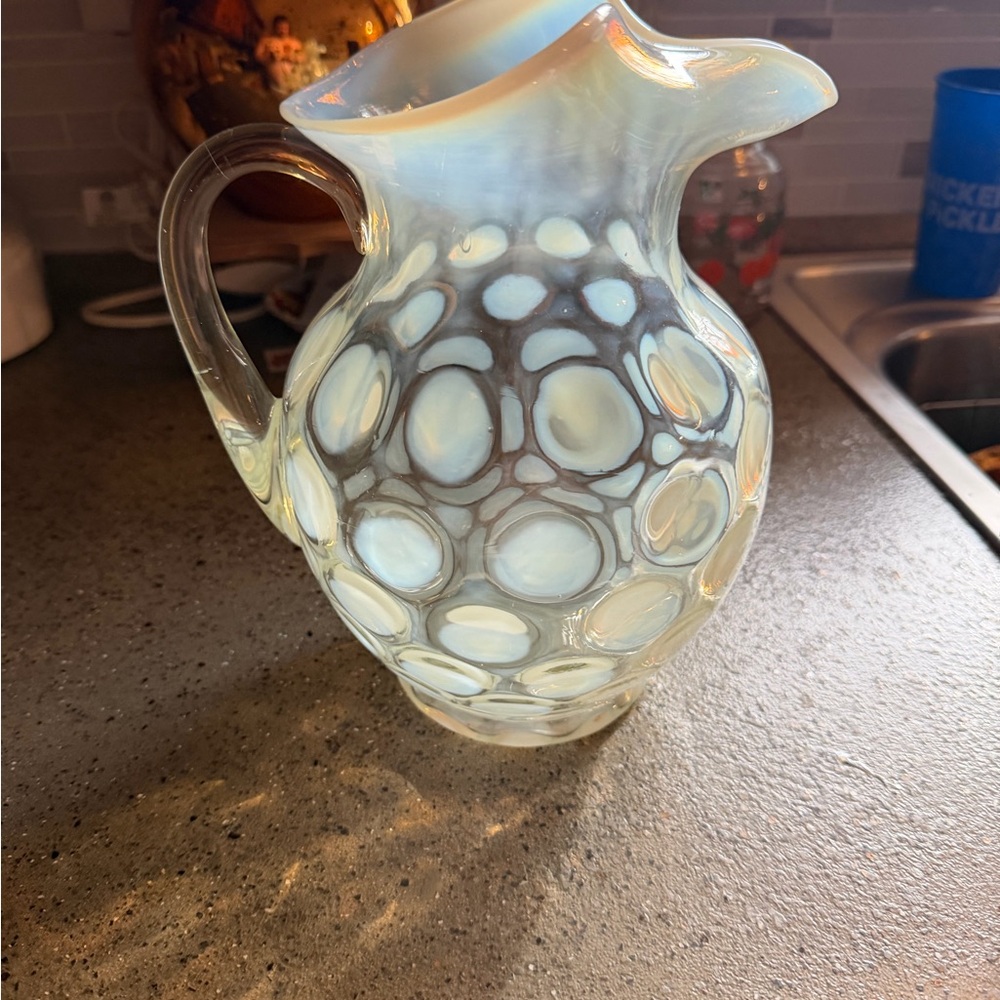 Fenton French opalescent Coin Spot Glass Pitcher with Ruffled Rim
